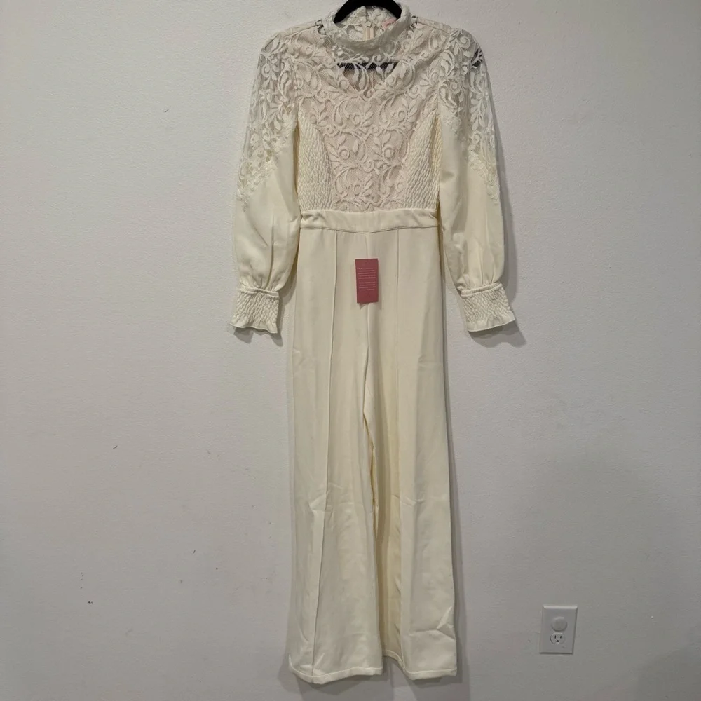 Ivy City Co Colette Cream Long Sleeve High Neck Lace Jumpsuit XXS